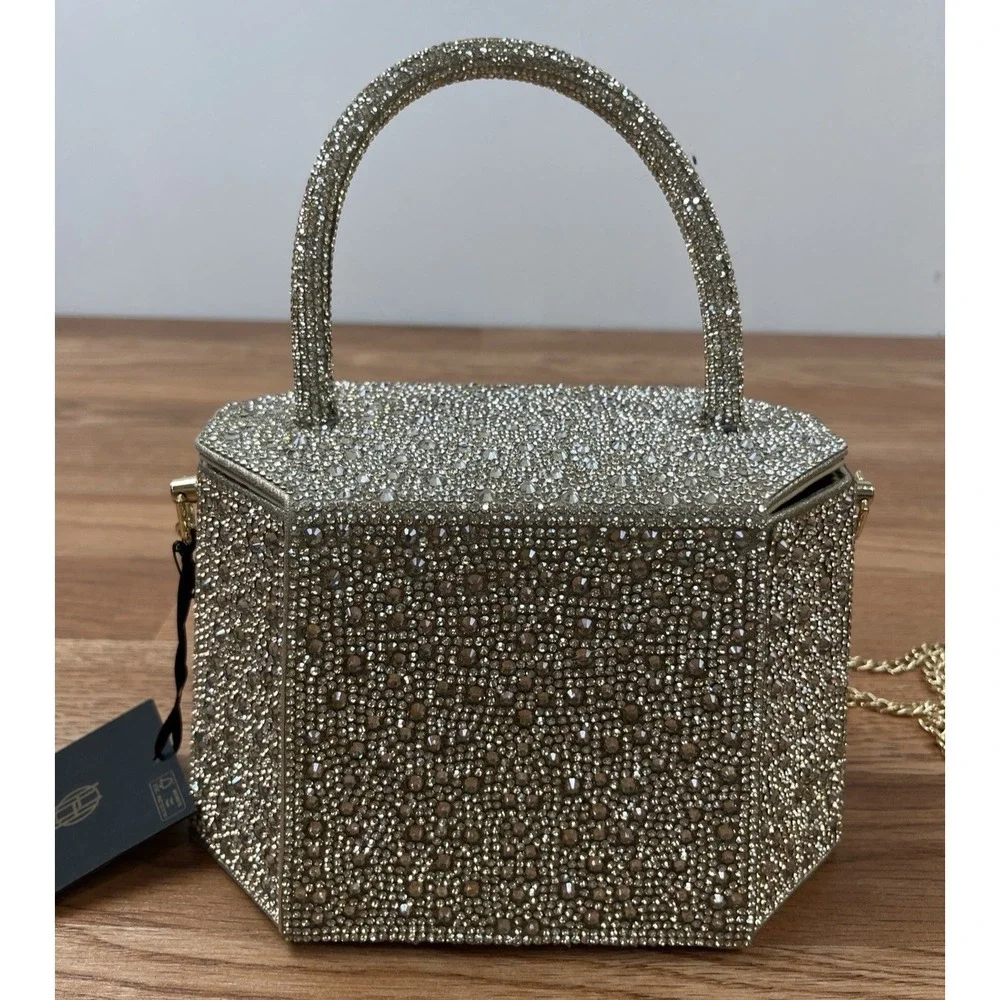 House of Harlow 1960 Champagne Rhinestone Evening Bag, Removable Strap NEW